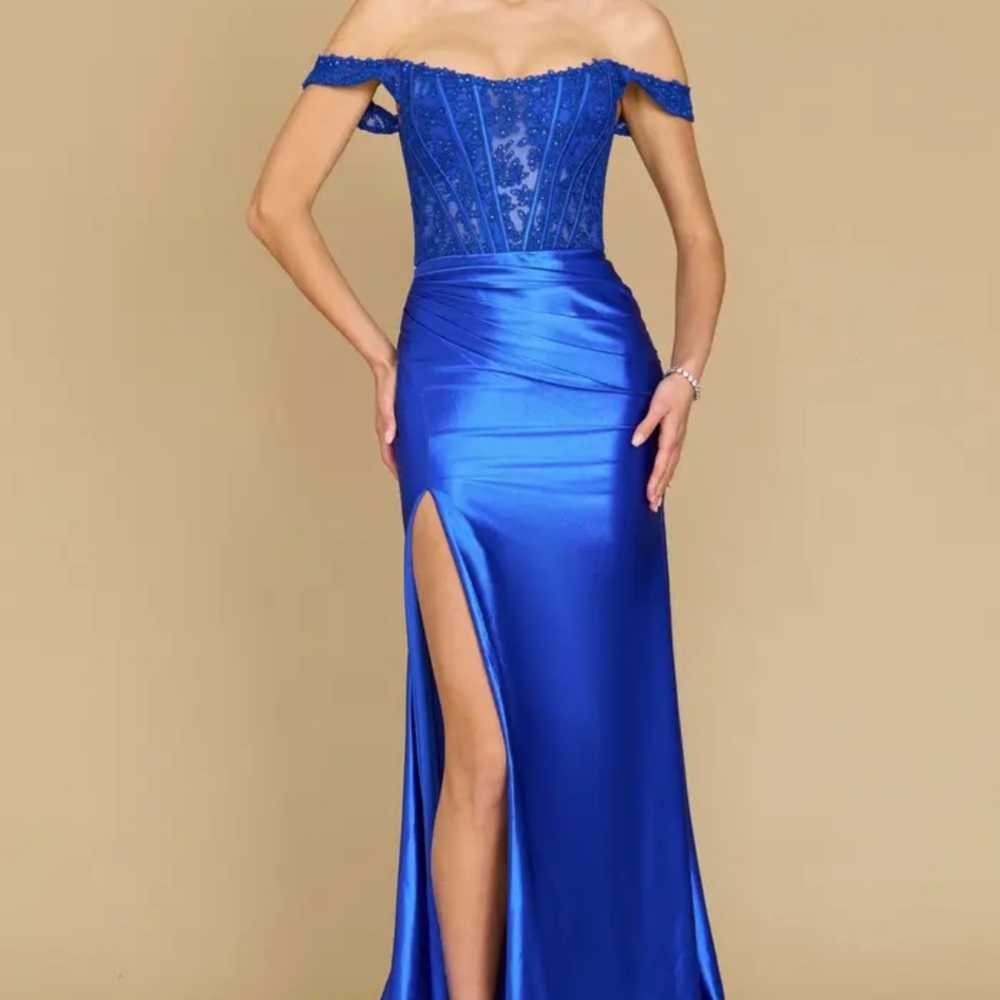 Blue Embellished Off-Shoulder Prom Gown